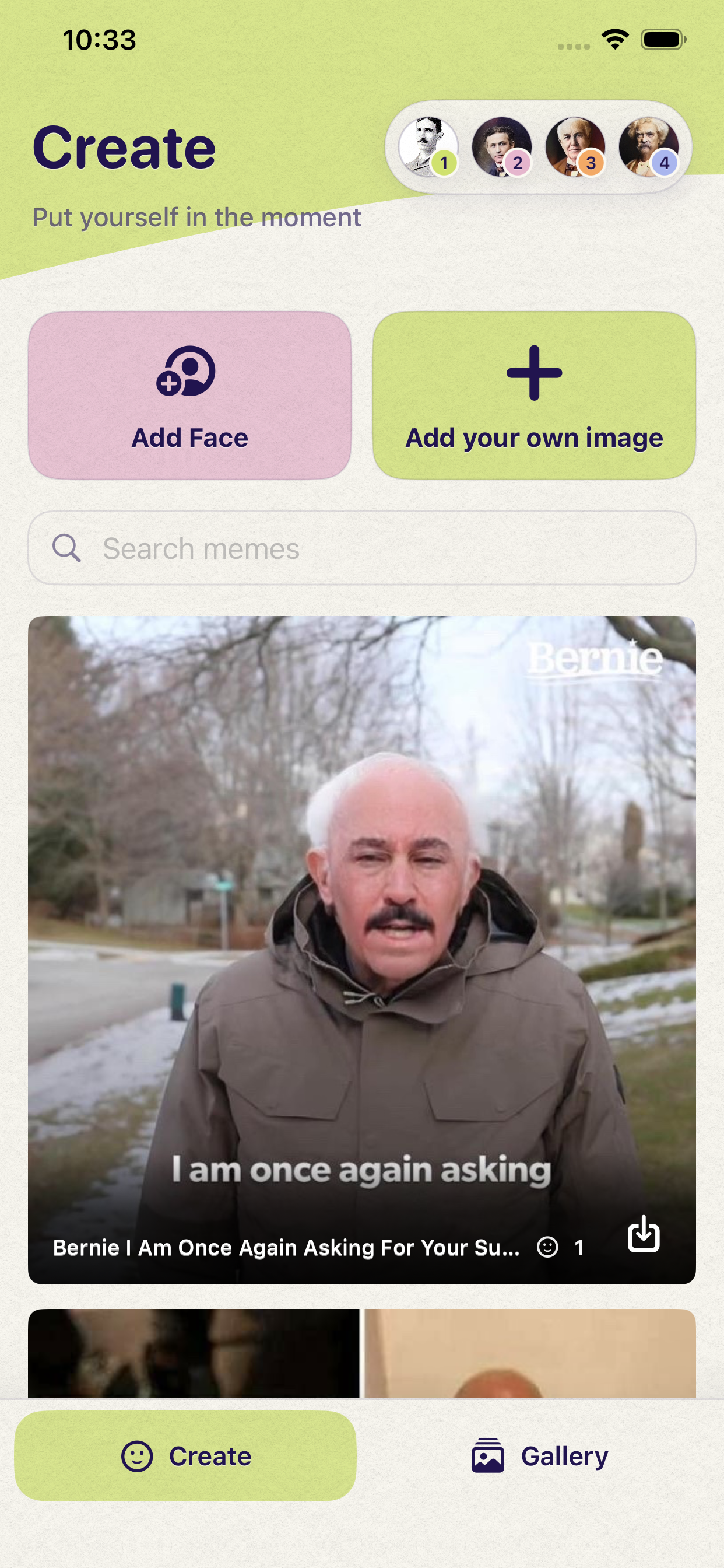 Me in a Meme Create screen with meme templates